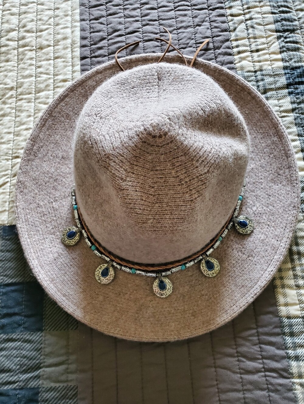 Altar'd State Boho Western Fedora Hat Knit Wool Blend Brown Medallion Trim - Picture 9 of 10